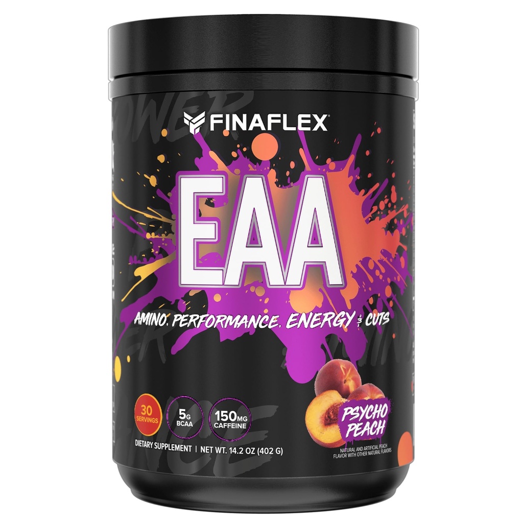FINAFLEX EAA, Psycho Peach - 14.2 oz - Främjar prestanda, energi och skärmar - med BCAA, L-Glutamin, L-arginin, Acetyl-L-karnitin och koffein - 30 portioner