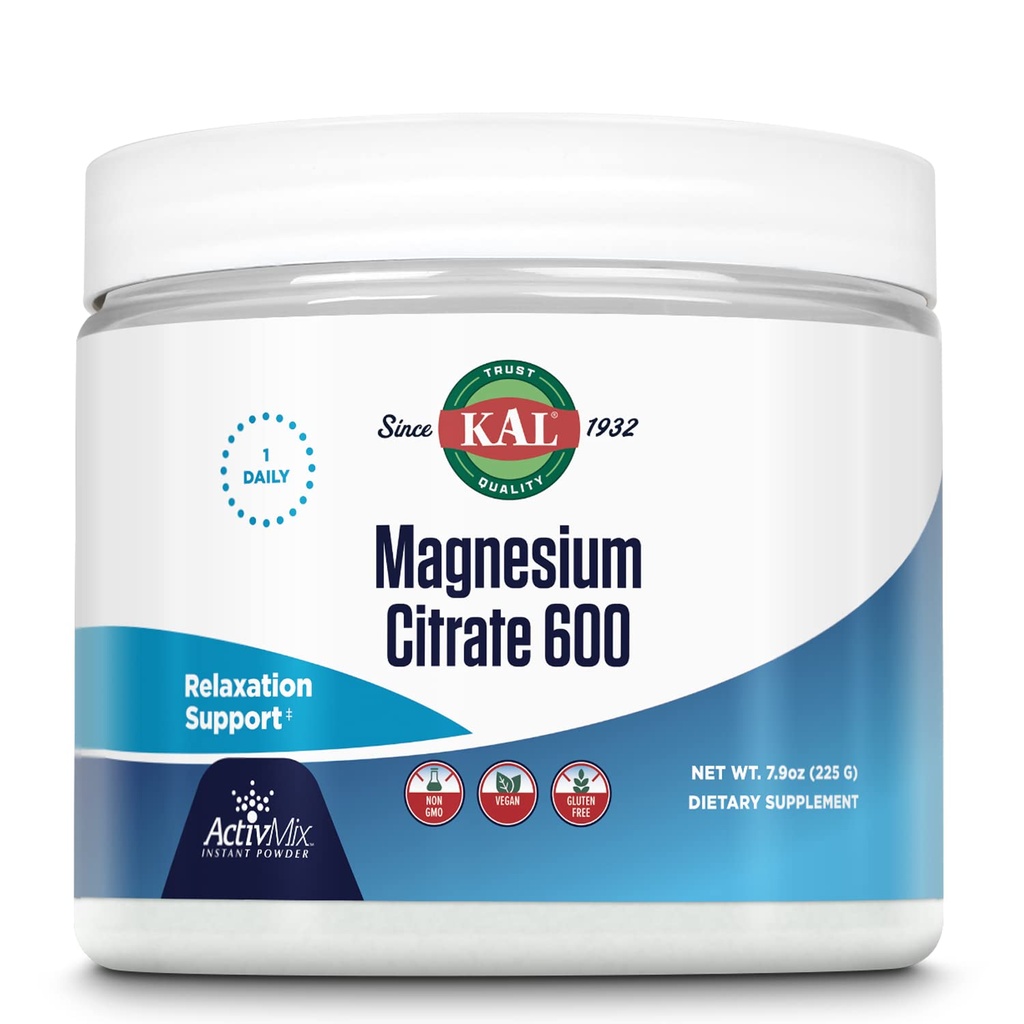 KAL Magnesium Citrate 600 mg ActivMix Instant Powder, Magnesium Supplement för hälsosam muskelfunktion, avkoppling, nerv- och cirkulationssupport, Vegan, icke-GMO, Gluten Free, ca 60 Serv, 7.9oz