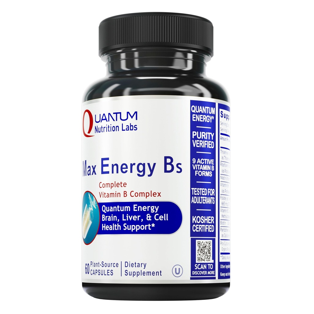 Quantum Nutrition Labs Max Energy Bs - Vitamin B Complex, Methylated B Complex Vitaminer med vitamin B1, B6, B12, Thiamin, Folate och Biotin - 60 Vegetariska kapslar