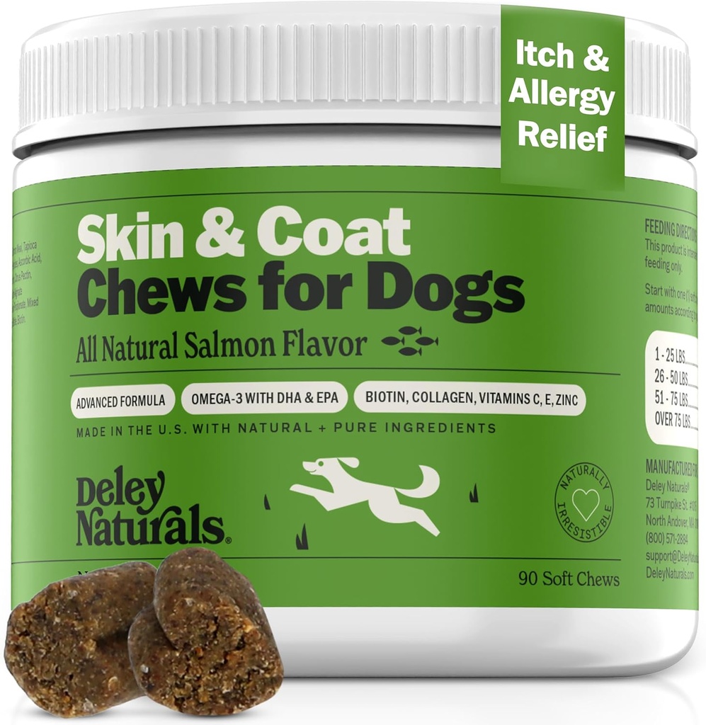 Deley Naturals Skin & Coat Chews - Dog Allergy Chews med Omega 3 Fish Oil, Biotin, Collagen och Essential Vitamins - Stöder Dog Itching Skin Relief, minskar torrhet och hälsosam kost - Tillverkad i USA