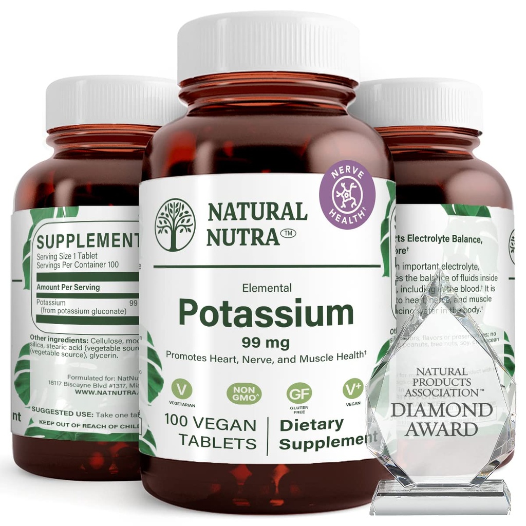 Natural Nutra Elemental Potassium Gluconate 99 mg Kosttillskott - främjar energi, hjälper till att öka nervsystemet, främjar hjärthälsa, mineralförordning, muskelfunktion - 100 Vegan tabletter