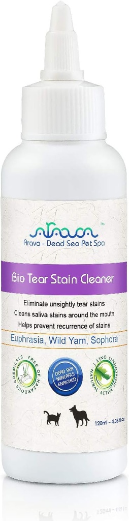 Arava Natural Tear och Stain Remover för hundar och katter - Effektiv lösning med 26 döda havsmineraler, tar bort och förhindrar ögon och salivfläckar
