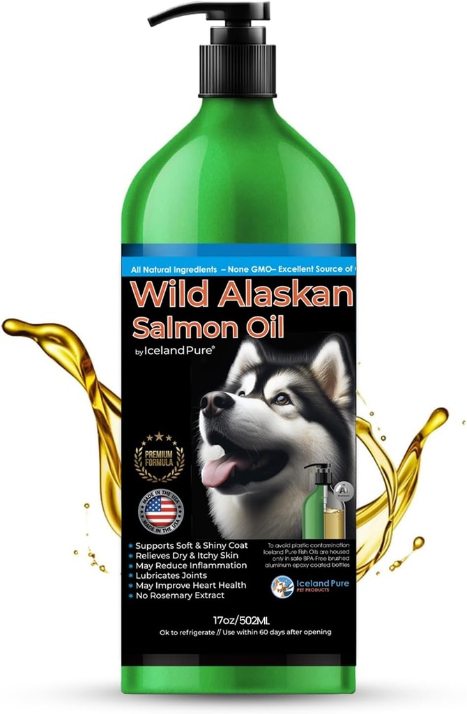 Wild Alaskan Salmon Oil for Dogs and Cats by Iceland Pure | 1,043 mg of Omega-3 per Teaspoon | Salmon Oil & Pollock Blend | BPA-Free Brushed Aluminum Epoxy Coated Bottle with Pump - 17 oz