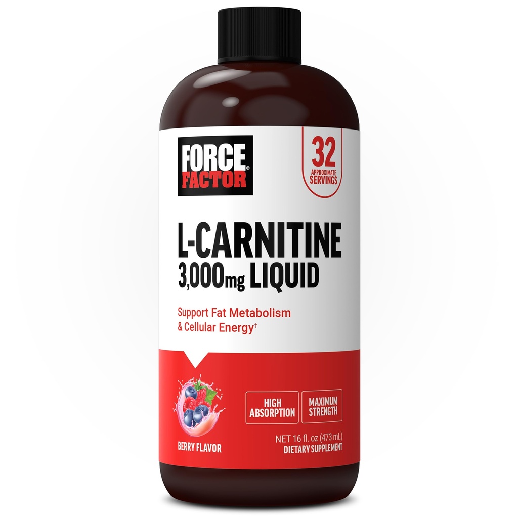 Force Factor L-Carnitine Liquid 3000mg, Maximal Strength Supplement för att stödja fettmetabolism, cellulär energi och muskelåterställning, hög absorbering, icke-GMO, Berry Flavor, 16 oz Bottle