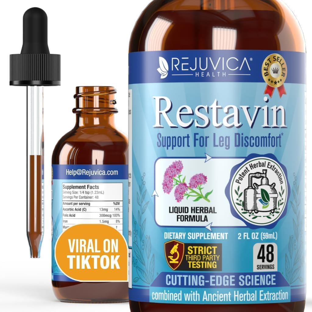 Restavin - Advanced Leg Support Supplement - Liquid Delivery för bättre absorption - Vitamin C, järn, Valerian, gurkmeja, Magnesium och mer!