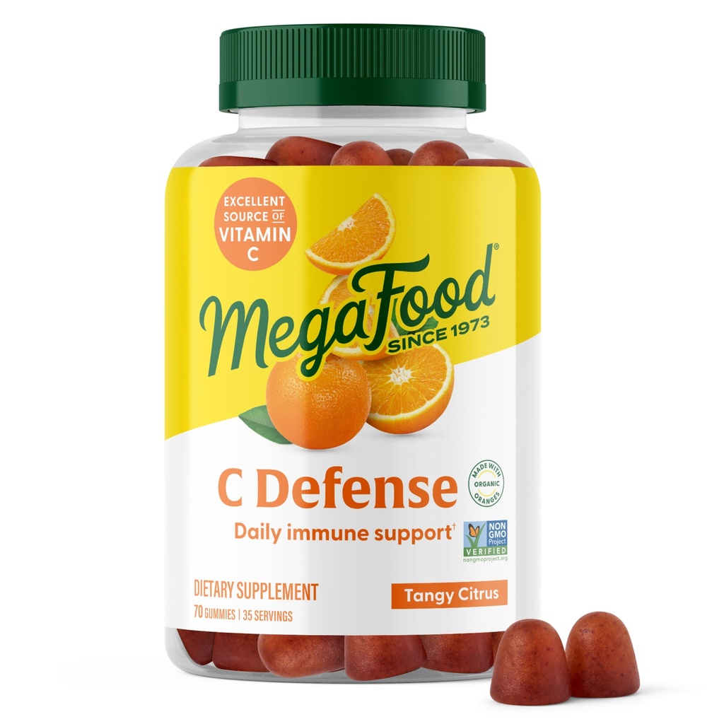 MegaFood C Defense Daily Immune Support Supplement - Chewable Vitamin C Gummies, Tangy Citrus Flavor, Made with Real Food Like Orange & Cranberry, Vegan, Gluten-Free - 70 Gummy Vitamins, 35 portioner
