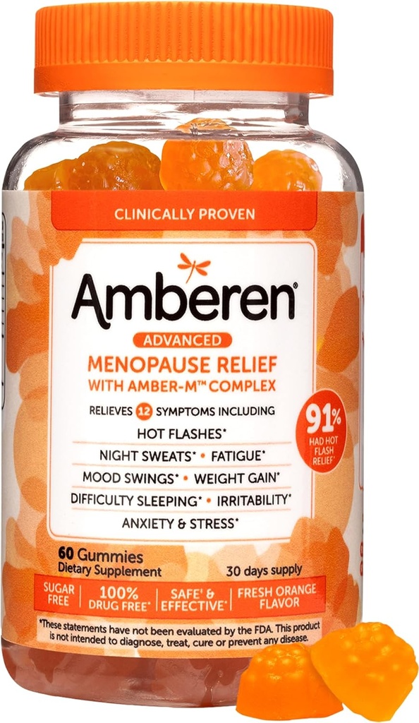 Amberen Menopause Supplements for Women, Multi-Symptom Relief, Vitamin E & Unique Amberen Compound, hjälper till att stödja hormonbalans, Hot Flashes & Night Sweats, Sugar Free, Orange Flavor, 60 Gummies