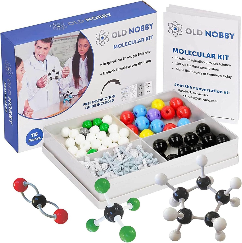 Old Nobby Chemistry Model Kit - 115 Piece Molecular Model Set innehåller Atoms, Bonds, Instructional Guide - STEM Science Tool för studenter, organisk kemi, molekylärt lärande - Färgglada modeller