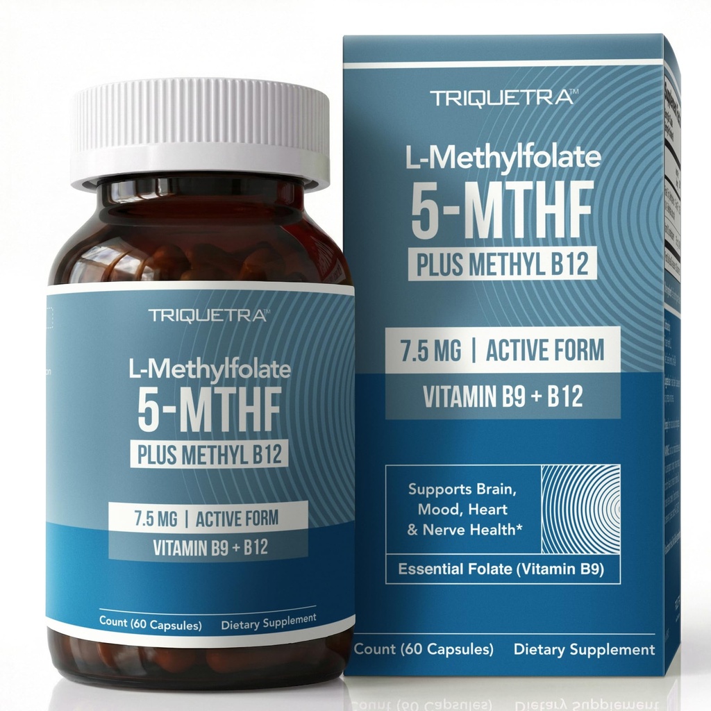 L Methylfolate 7.5mg plus Methyl B12 - Aktiv 5-MTHF Form, MTHFR Supplement - Bloodstream Ready Methylated Folate + B12 Cofactor - Stöder humör, Homocysteine Methylation, kognition (60 kapslar)