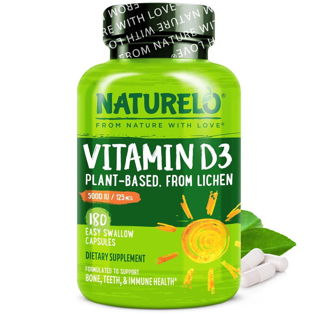NATURELO Vitamin D - 5000 IE - Plant Baserat från Lichen - Natur D3 Supplement för immunsystem, benstöd, gemensam hälsa - hög styrka - Vegan - icke-GMO - Glutenfri - 180 kapslar