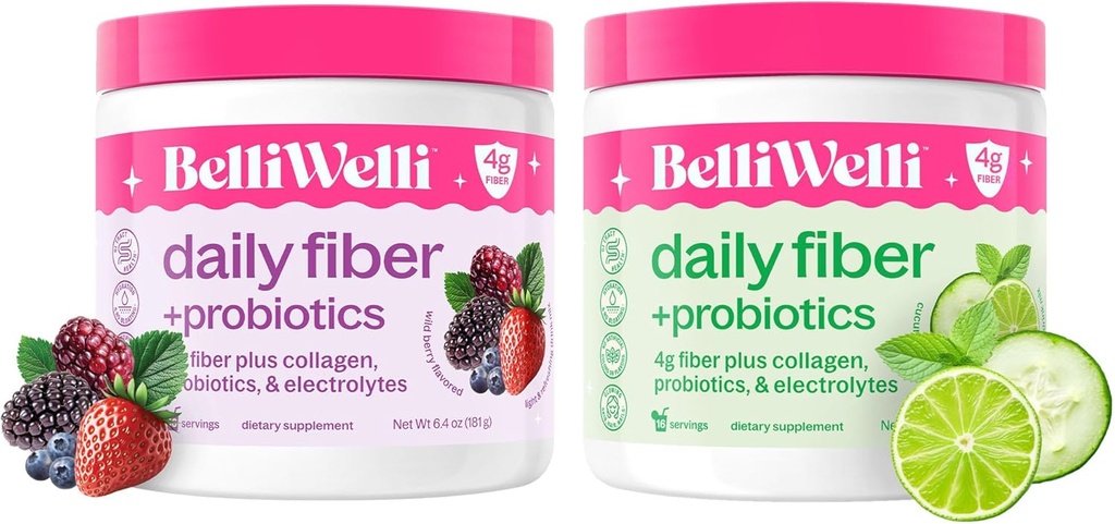 Daily Fiber Supplement Bundle med Collagen, Probiotics & Electrolytes - Stöder Digestive Health, Regularity och Skin Health - Cucumber Lime Mint & Wild Berry Flavors - 32 portioner Totalt