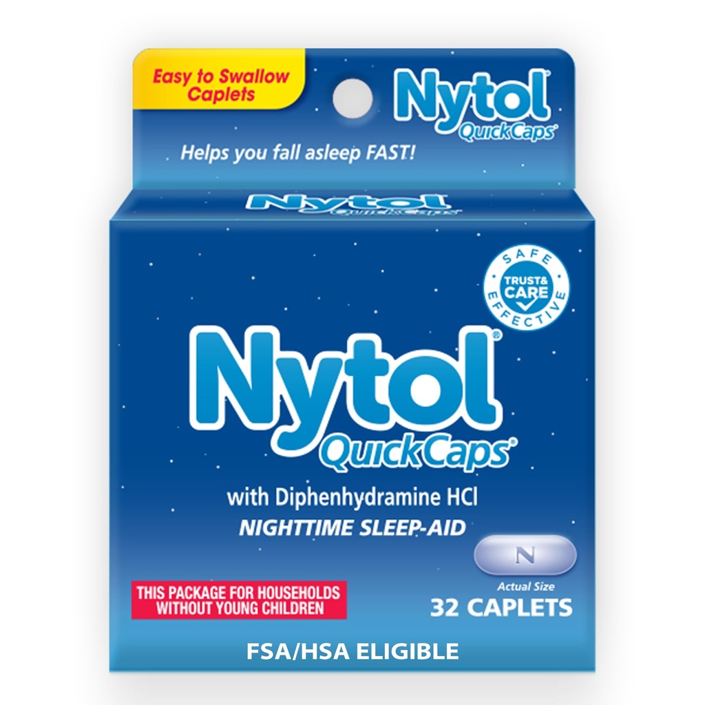 Nytol Quick Caps Nighttime Sleep Aid med Diphenhydramine HCI, Easy-to-Swallow Caplets att somna snabbt, 32 greve