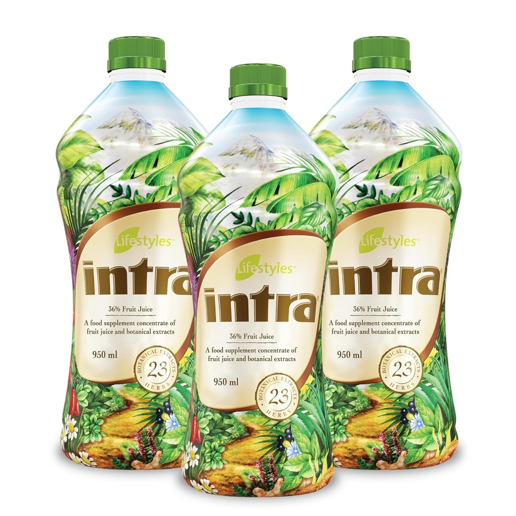 Livsstilar Intra Herbal Juice Drink - Botanisk Dryck för Immune Support, Detox, Digestive & Cardiovascular Health - 23 Botaniska Extrakt - Tillverkad i Kanada Trio Pack (950 mL /32 fl oz varje)