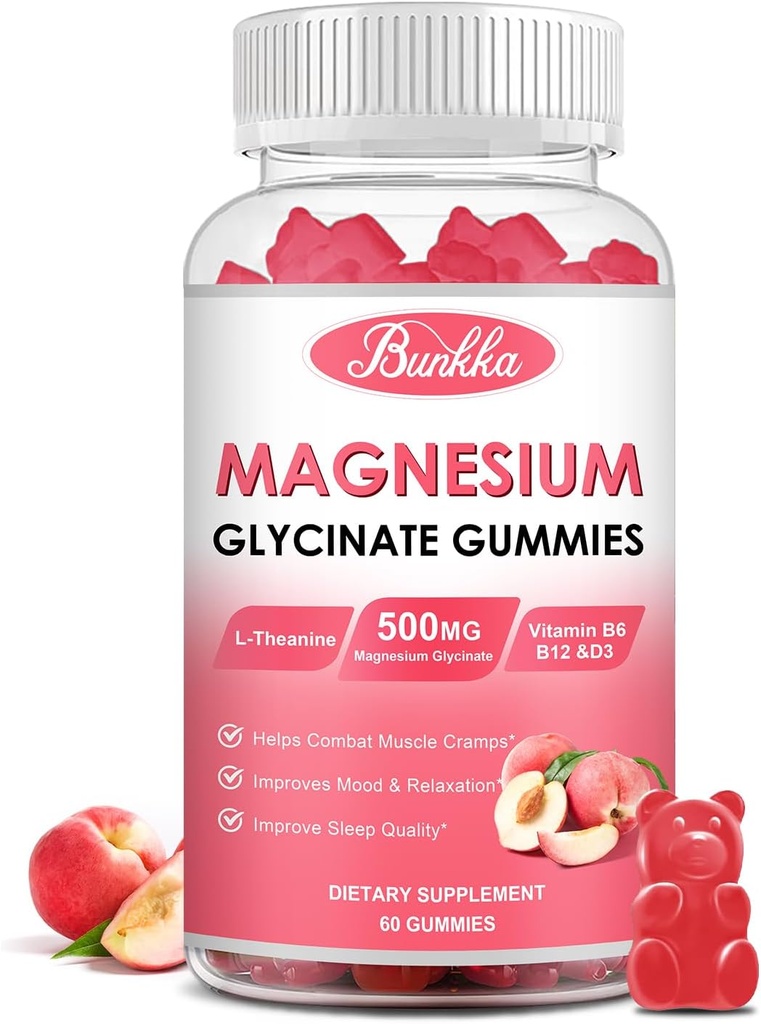Magnesium Glycinate Gummies - Sugar Free, Magnesium Komplex Kalium Supplement med kalium, VitaminD, B6 för lugn, sömn och stressavlastning för vuxna - 60 Peach Gummies
