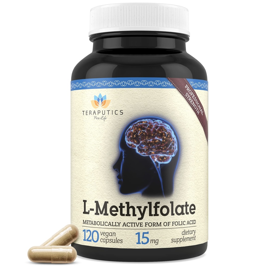 Teraputics L-Methylfolate 15mg | 120 Vegan Capsules | Premium | 5-MTHF Active Methyl Folate Supplement för humocysteinmetylering - Non-GMO Gluten-Free, No Fillers - Folic Acid Brain Support