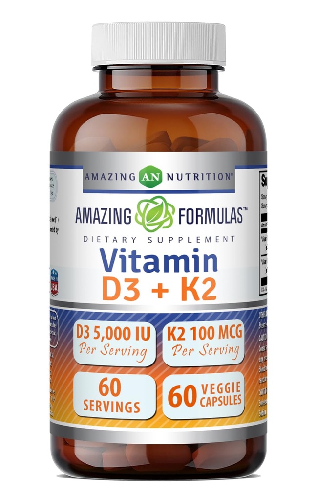 Fantastiska formler Vitamin D3 5000 IE med vitamin K2 100 mcg | D3 + K2 Komplex Supplement | Veggie Capsules | Non-GMO | Gluten Free | Made in USA (60 Count)