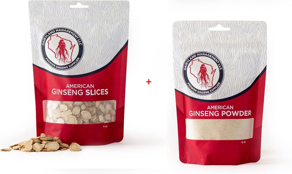 Dairyland American Ginseng Slices och Powder - 4 oz Pack var och en av Wisconsin Ginseng - Direkt från jordbrukare till konsument