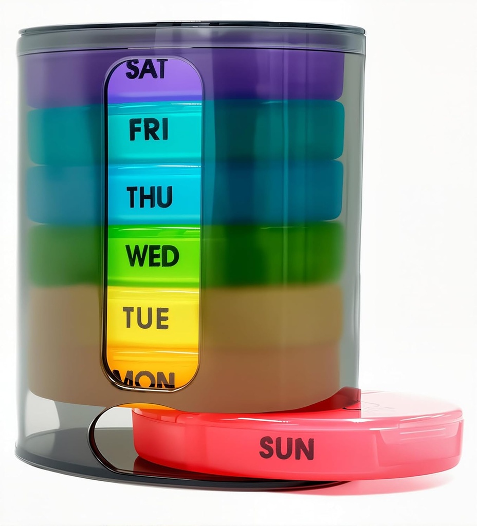 Weekly Pill Organizer (Twice-A-Day), Portable 7 Day Pill Box Case med Stackable AM/PM Compartments for Pills, Vitamin, Fish Oil, Supplements, Rainbow (Rainbow)