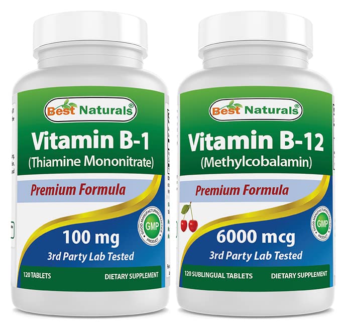 Bästa naturliga vitamin B1 som tiamin Mononitrate 100 mg och vitamin B12 6000 mcg
