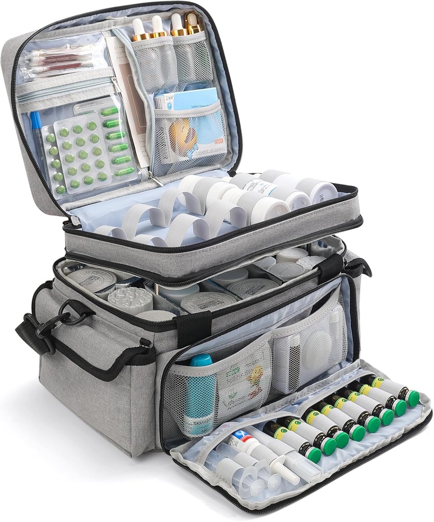 Medicine Organizer med justerbar Divider, Double-Layer Medicine Bottle Organizer Storage, Portable Home Health First Aid Bag, Medicine Organizer Box för nödmedicin (Bag Only)