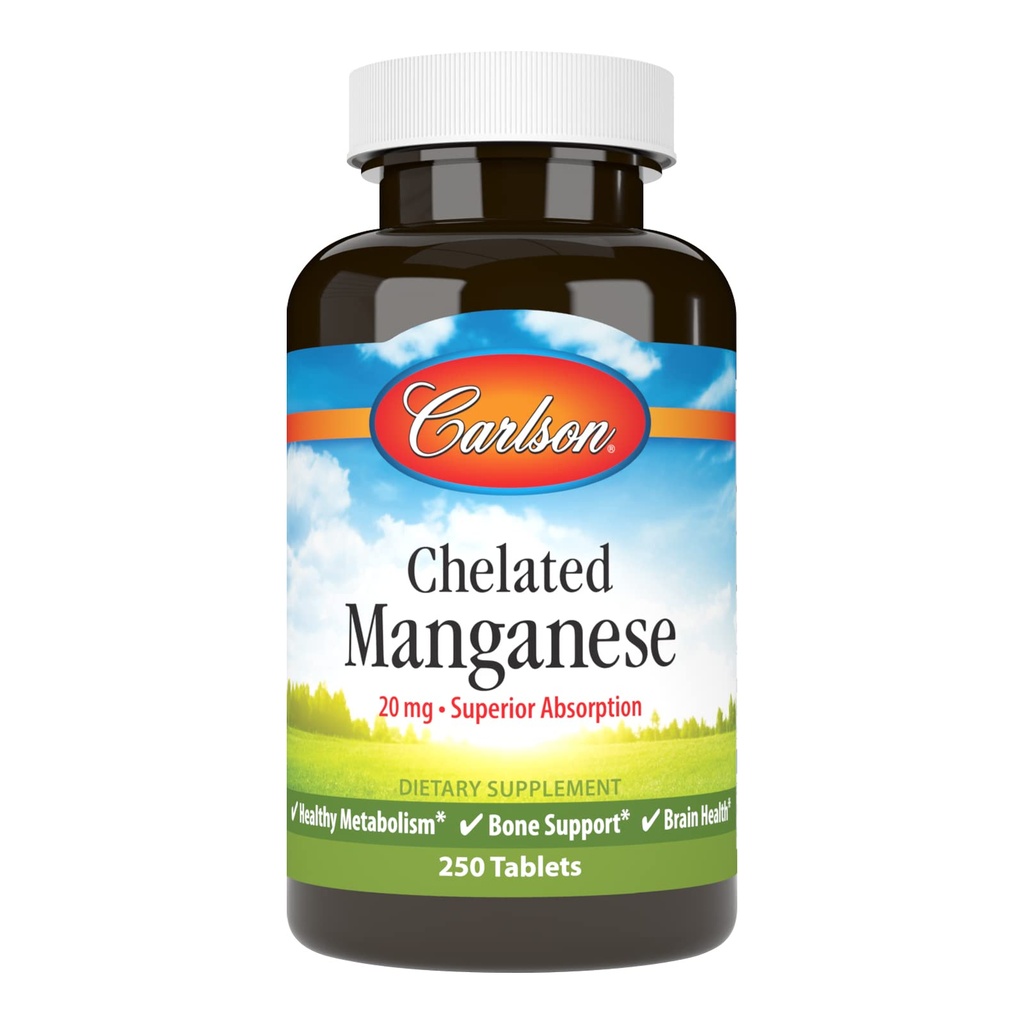 Carlson - Chelated Manganese, 20 mg - Överlägsen absorption, hälsosam metabolism, benstöd och hjärnhälsa, 250 tabletter