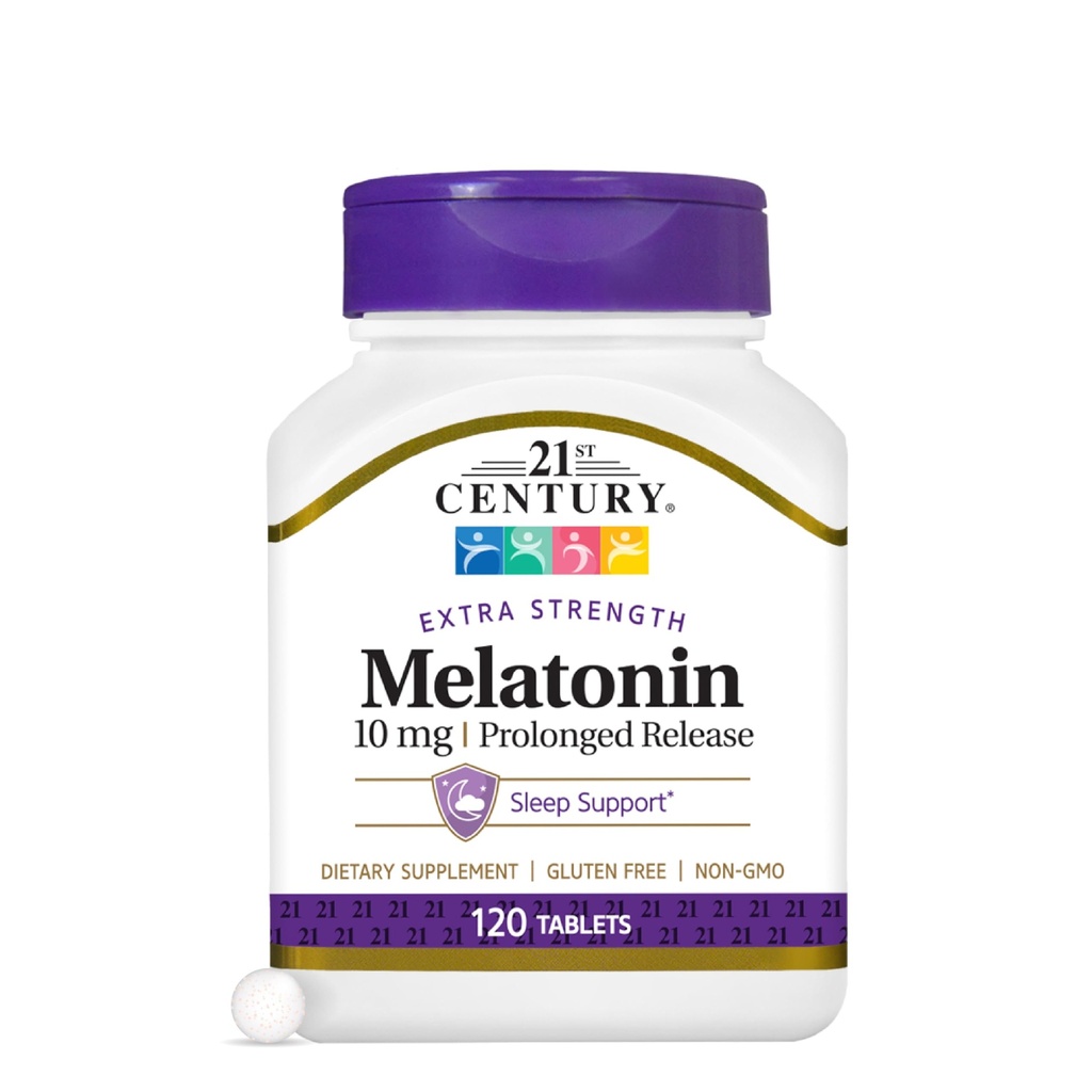 21st Century Melatonin 10mg extra styrka tabletter, (120 greve), långvarig frisättning sömnhjälp för vuxna, främjar avslappning och vilsam sömn, icke-vanlig formning, glutenfri, icke-GMO