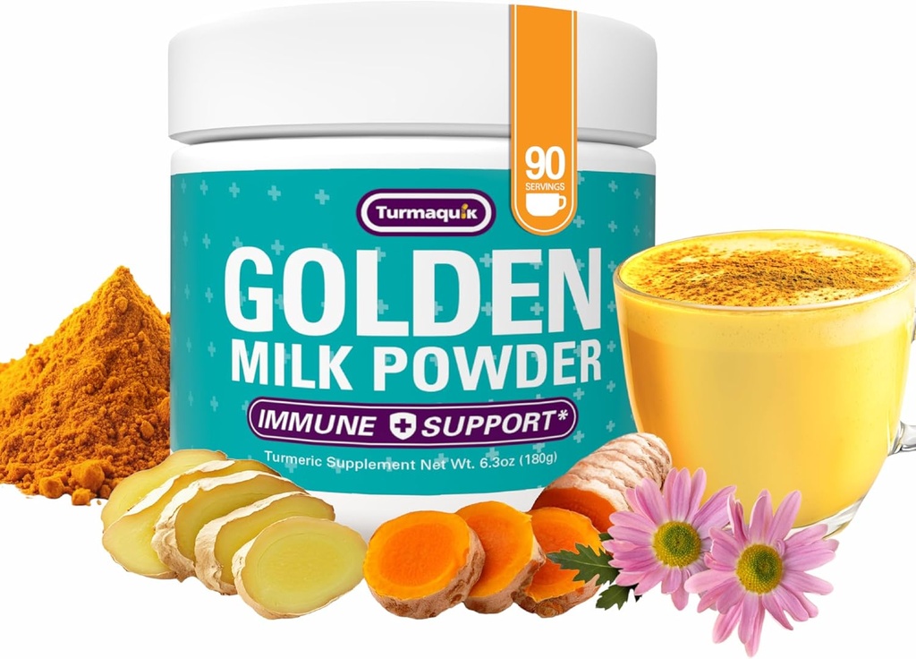 Turmaquik Organic Golden Milk Turmeric Powder, Immune Support + Superfood Blend of Ginger, Black Pepper, Curcumin, Cinnamon, Cardamom + Vitamins C, D, B6, B12, Zinc ​- Immunity Boost