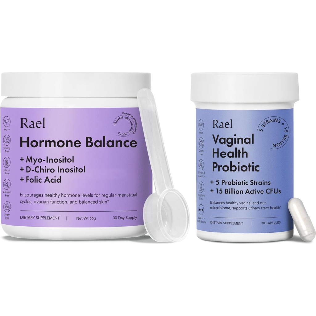 Rael Supplement för kvinnor Bundle - Hormonbalans, fertilitet och äggstocksstöd (30 dagars leverans) & Probiotika, Digestive Enzymes, urinvägs hälsa (30 dagars leverans)