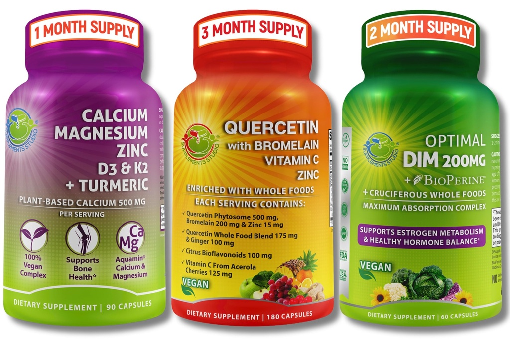 Vegan Bone, Immune, & Hormonal Support Trio - Plant-Based Calcium, Magnesium, Zink + D3, K2 & Turmeric + Quercetin med Bromelain, Vitamin C, Zinc + DIM 200mg & BioPerine® i fördröjd frisättning kapslar