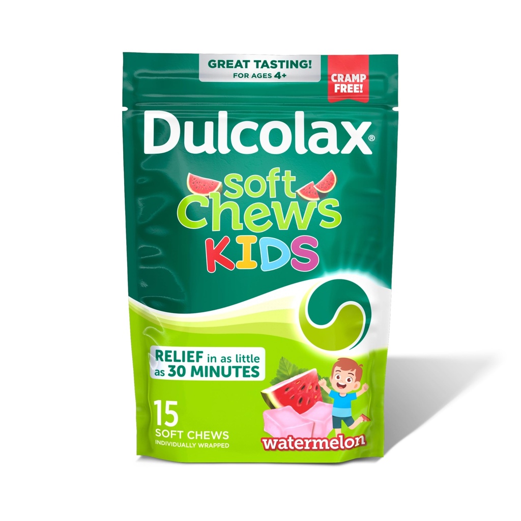 Dulcolax Kids Saline Laxative Soft Chews, Stimulant-Free Laxatives, Gentle Constipation Relief för barn, Softens Stool, Watermelon Flavor, Magnesium Hydroxide 1200 mg, 15 Count