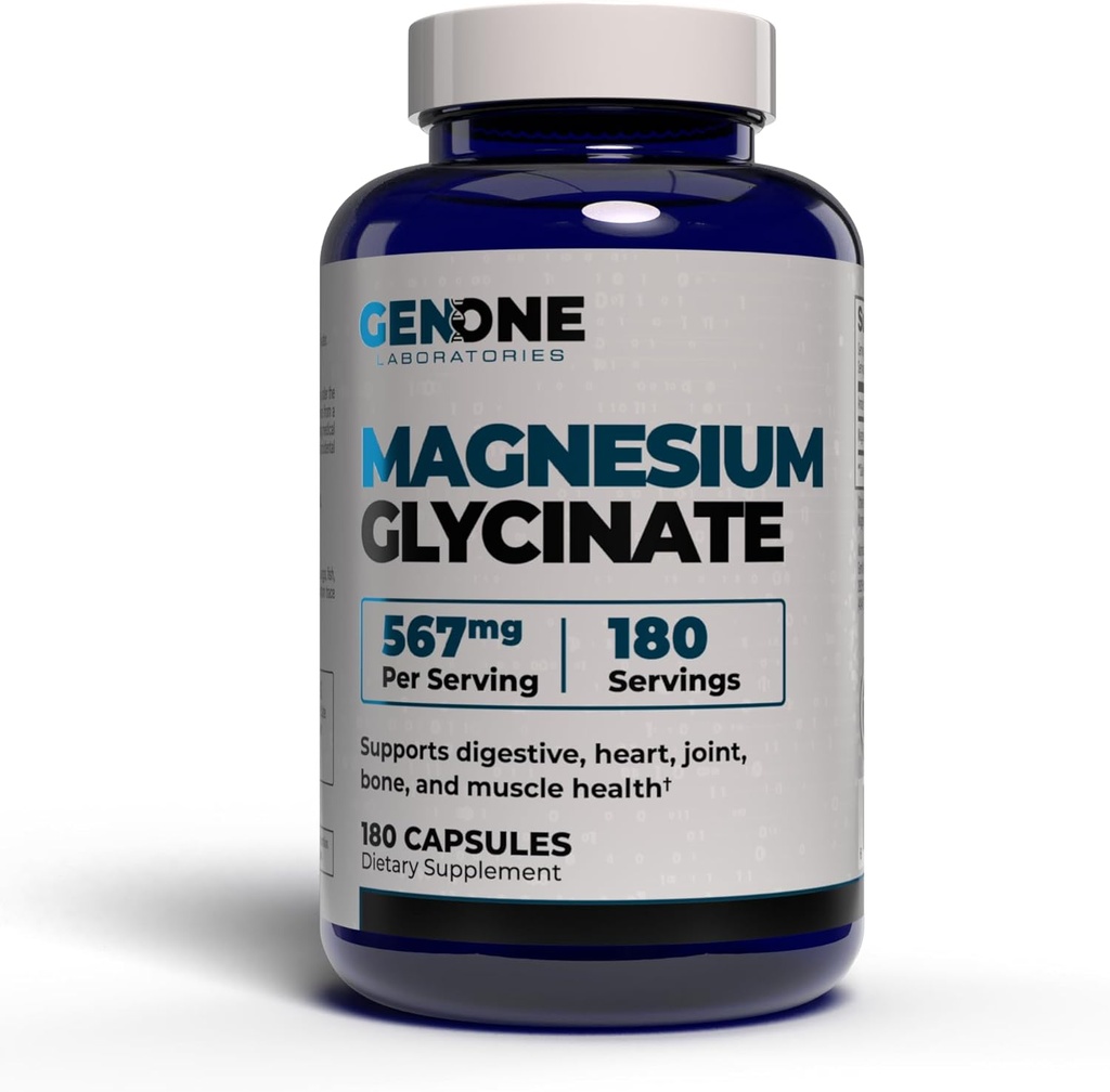 GenOne Magnesium Glycinate Capsules - Förbättrad absorption för ben och mentalt stöd - Gentle på magen 567 mg per portion - 180 greve