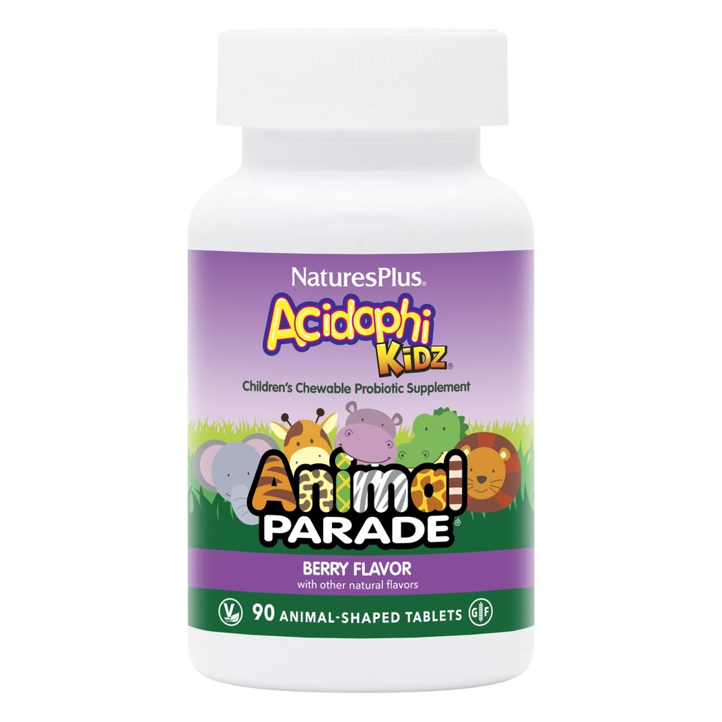 NaturesPlus Animal Parade AcidophiKidz, Berry Flavor - 90 Chewable, Animal-Shaped Tablets - Pack of 2 - med Probiotics, FOS & Grape Seed - 180 Total Servings