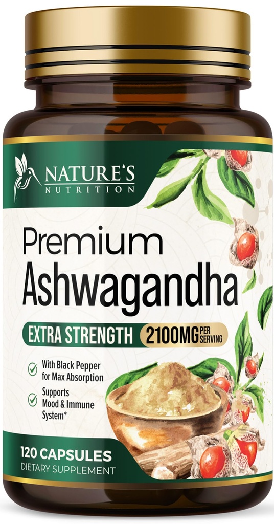 Ashwagandha Supplements - 2100mg Ashwagandha Capsule för kvinnor och män, naturligt antioxidantstöd, Ashwa Root Extract, Extra Strength Calm Support med Black Pepper, Vegan & Gluten Free - 120 kapslar