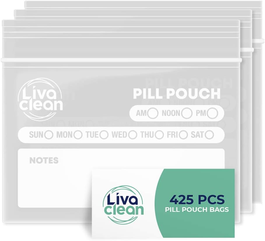 LivaClean 425 Pack uppgraderad tjocklek piller påsar för resor - piller väskor, medicin väska för resor