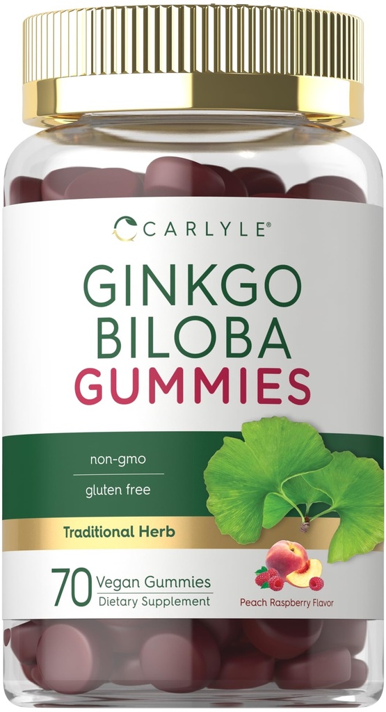 Carlyle Ginkgo Biloba | 70 Gummies | 45:1 Leaf Extract | with Peach Raspberry Flavor | Vegan, Non-GMO, Gluten Free Supplement