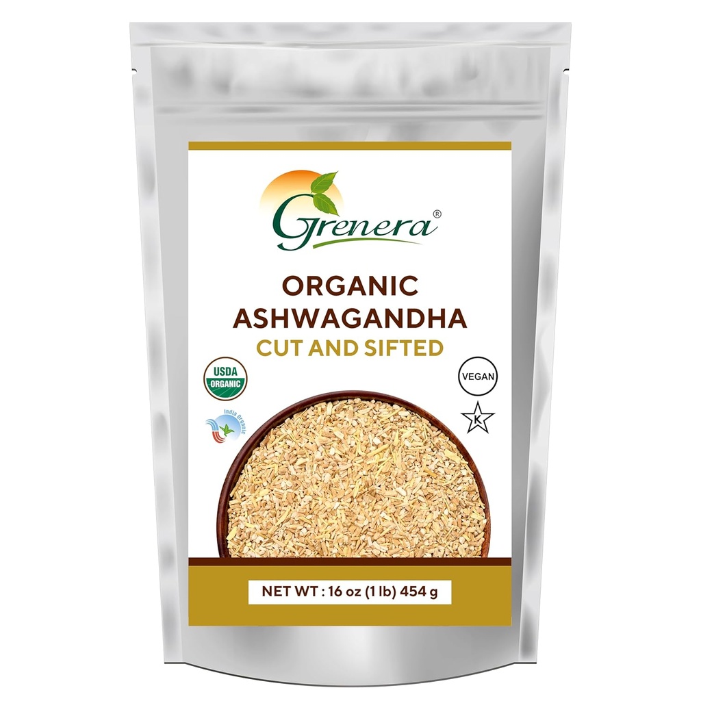 Grenera Organic Ashwagandha Root Cut och Sifted 1 lb, Withania Somnifera USDA Certified 3 till 5 mm Storlek, Bäst för att göra växtbaserade te