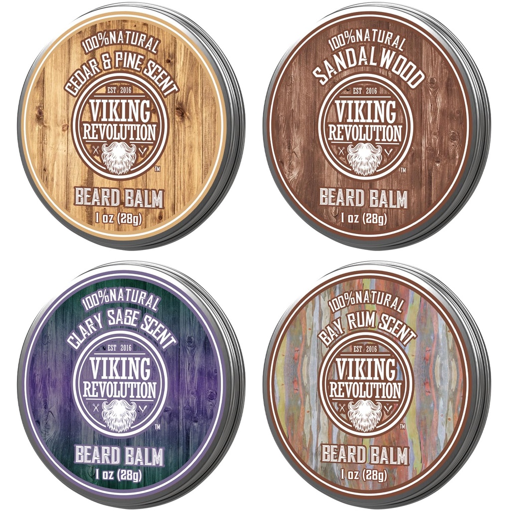 Viking Revolution 4 Skägg Balm Variety Pack (1oz Varje) - Sandalwood, Pine & Cedar, Bay Rum, Clary Sage - Styles, Styrkor och mjuknar Skägg och Mustaches - Wax för Män