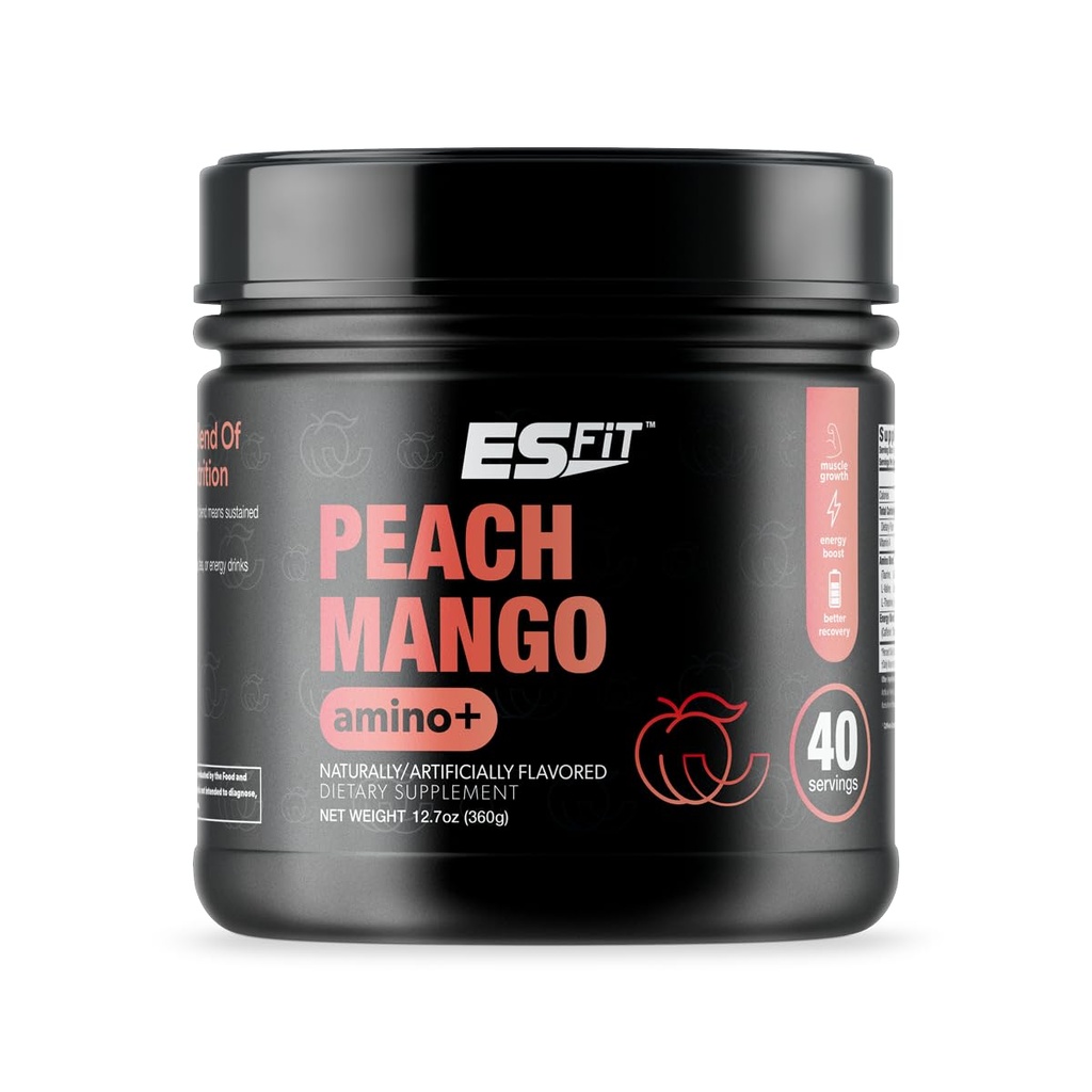 Amino+ Pulver - Före och efter träning med koffein + grönt teextrakt - BCAA, Aminosyror, noll socker, låg kalori, överlägsen smak, 40 portioner (Peach Mango)