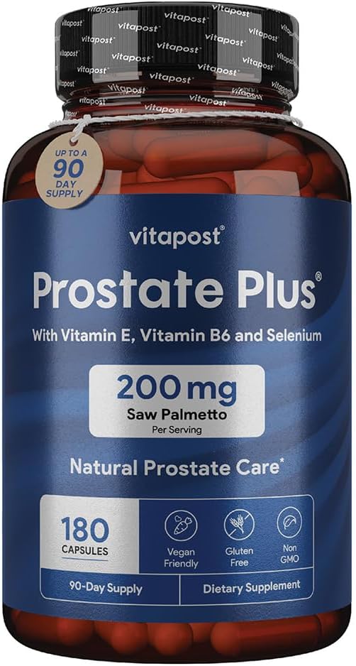 Prostate Plus Natural Prostate Care och Urinary Health Supplement för Män Berikad med Saw Palmetto, Vitamin B6, Vitamin E, Selen och Zink. 180 kapslar