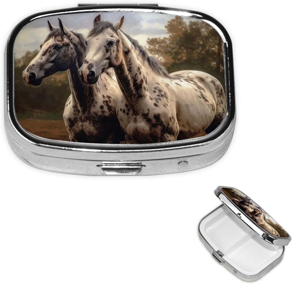 Pill Case Pill Box med Mirror Small Pill Organizer 2 Compartment Two Horse Travel Pillbox för Purse eller Pocket Portable Pill Container Cute Medicine Organizer
