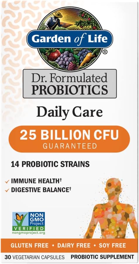 Garden of Life Dr. Formulated Probiotics Daily Care 30 Capsules 25 Billion CFU 14 Strains Immune Health Digestive Balance, Gluten Free,Soy Free