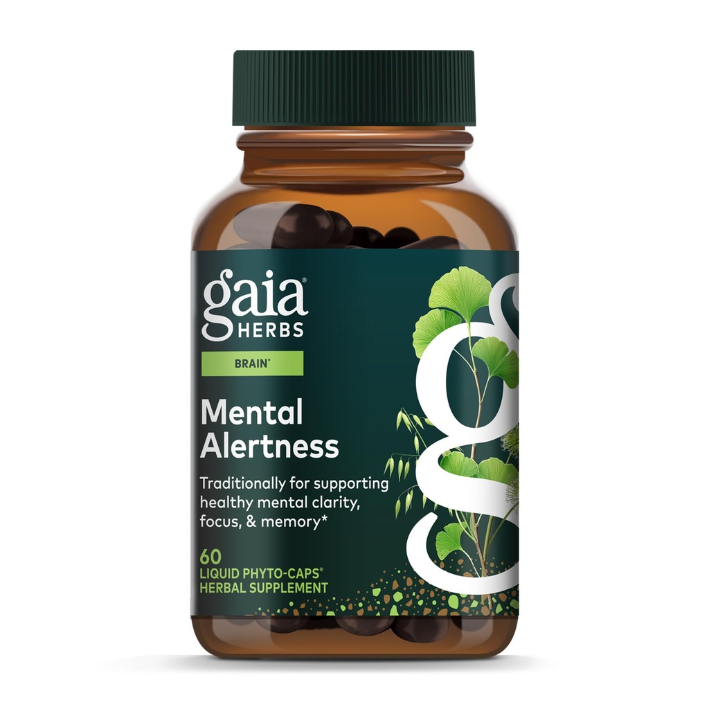 Gaia Herbs Mental Alertness - Brain Support Supplement för att hjälpa till att upprätthålla fokus och minne * - med Eleuthero, Ginkgo Leaf, Gotu Kola, Rosemary & Oats - 60 Vegan Liquid Phyto-Capsules (15-dagars leverans)