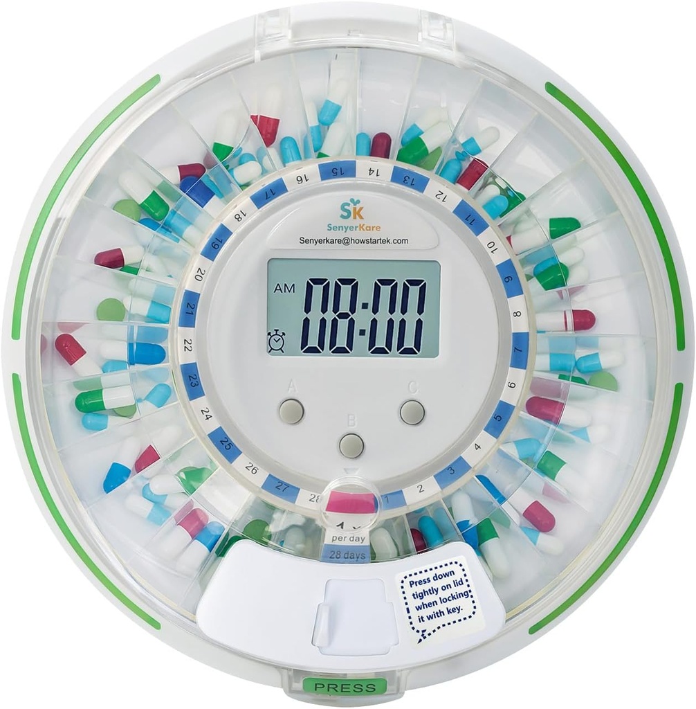 Automatisk Pill Dispenser med säkerhetslås, blinkande ljus, ljud, alarm, 28-dagars elektronisk medicineringsdispenser för vitaminer och tabletter upp 6 gånger / dag, Easy Read Display, Clear Lid