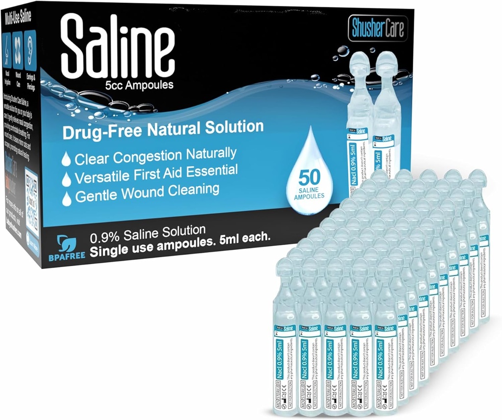 Saline Ampoules - Saline Lösning för Nebulizer, Natriumklorid 0,9%, Nasal Cleanse för spädbarn, barn och vuxna, Sterile Nasal Care, sår rengöring - 50 greve (5ml vardera)