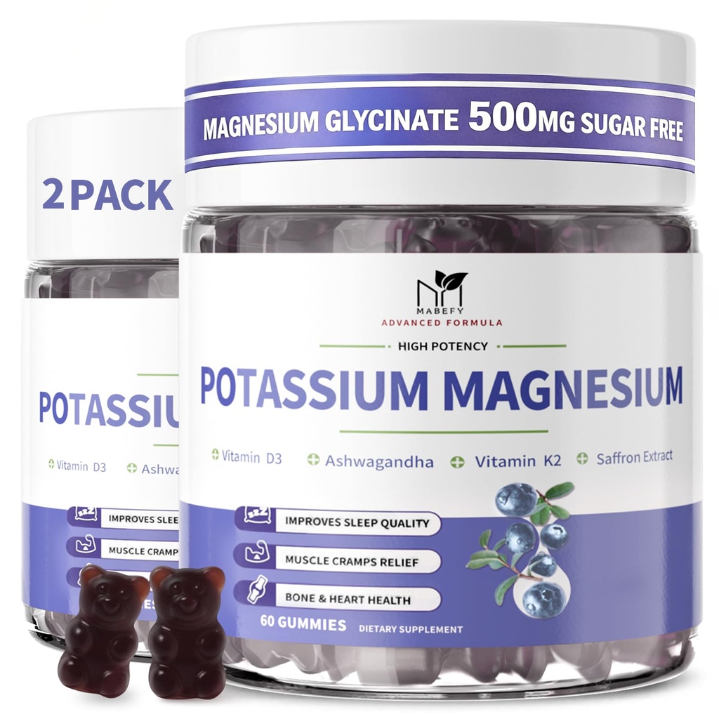 2 Pack Potassium Magnesium Gummies, Sugar-Free Potassium Gummies med Magnesium Glycinate 500mg Chewable Magnesium Potassium Supplements med Calcium, Zink, Vitamin för Leg Cramps & Muscle