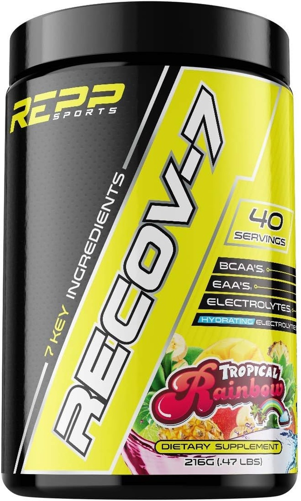 REPP Sports Recov-7 Full Spectrum EAAs och BCAAs | Avancerad återhämtning och Glycogen Replenishment for Intra-Workout (Tropical Rainbow, 40 Servings (216g)