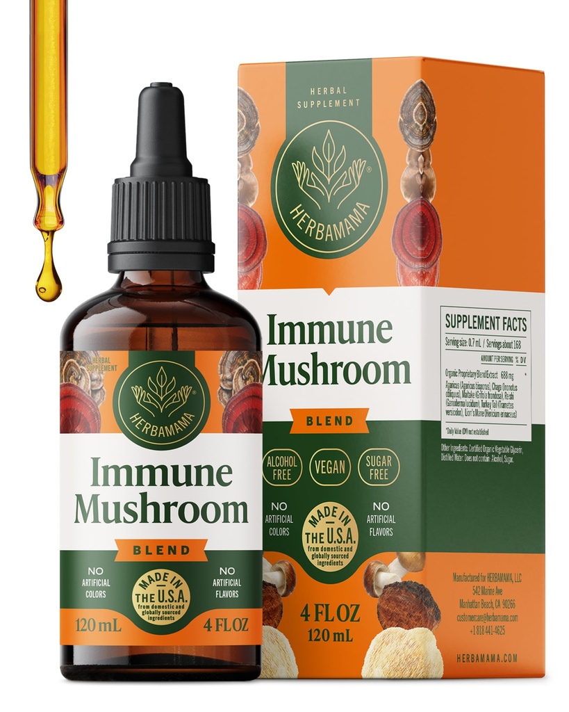 HERBAMAMA Super Immune Mushroom Supplement - Vegan 8-Mushroom Complex Blend med Reishi, Lion's Mane, Cordyceps & Chaga Extract - Non-GMO, alkoholfri, Sugar-Free Immunity Drops, 56-dagars Supply