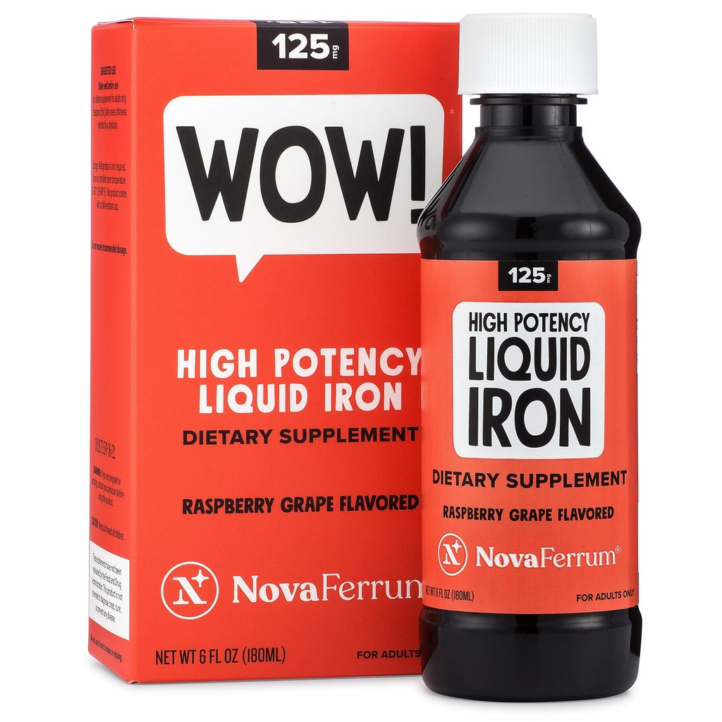 NovaFerrum Wow, 125 High Potency Liquid Iron Supplement for Adults, Iron Deficiency, 125mg of Iron Per 5mL Dose, Vegan Verified, Gluten Free Certified, Sugar Free