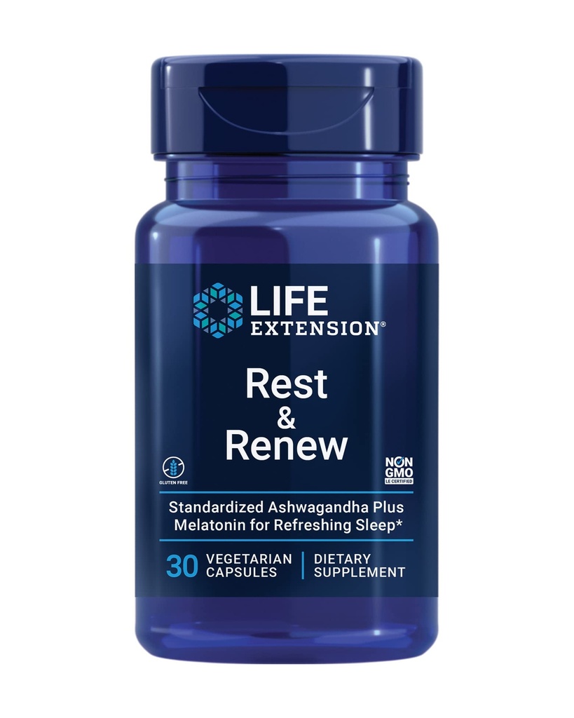Life Extension Rest & Renew, för en uppfriskande och återställande natts sömn, glutenfri, icke-GMO, vegetarian, 30 kapslar