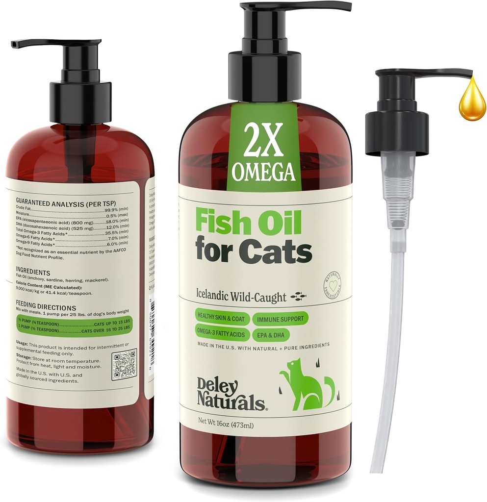 Deley Naturals Wild fångade fiskolja för katter med 2X Omega - Cat Fish Oil med högsta EPA & DHA Potency - Omega 3 för katter för Shedding, Skin, Coat, Joints, Heart och Immune System - Tillverkad i USA
